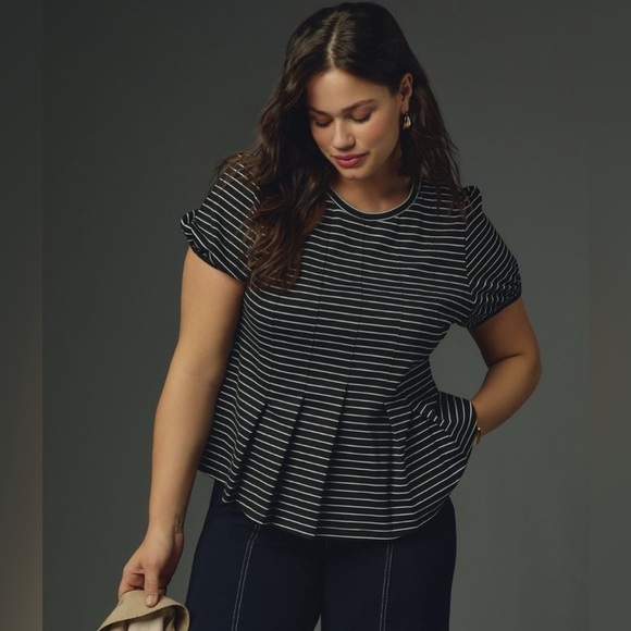 Anthropologie MAEVE Corset Peplum Black and White Striped Top Preppy M - Picture 1 of 13